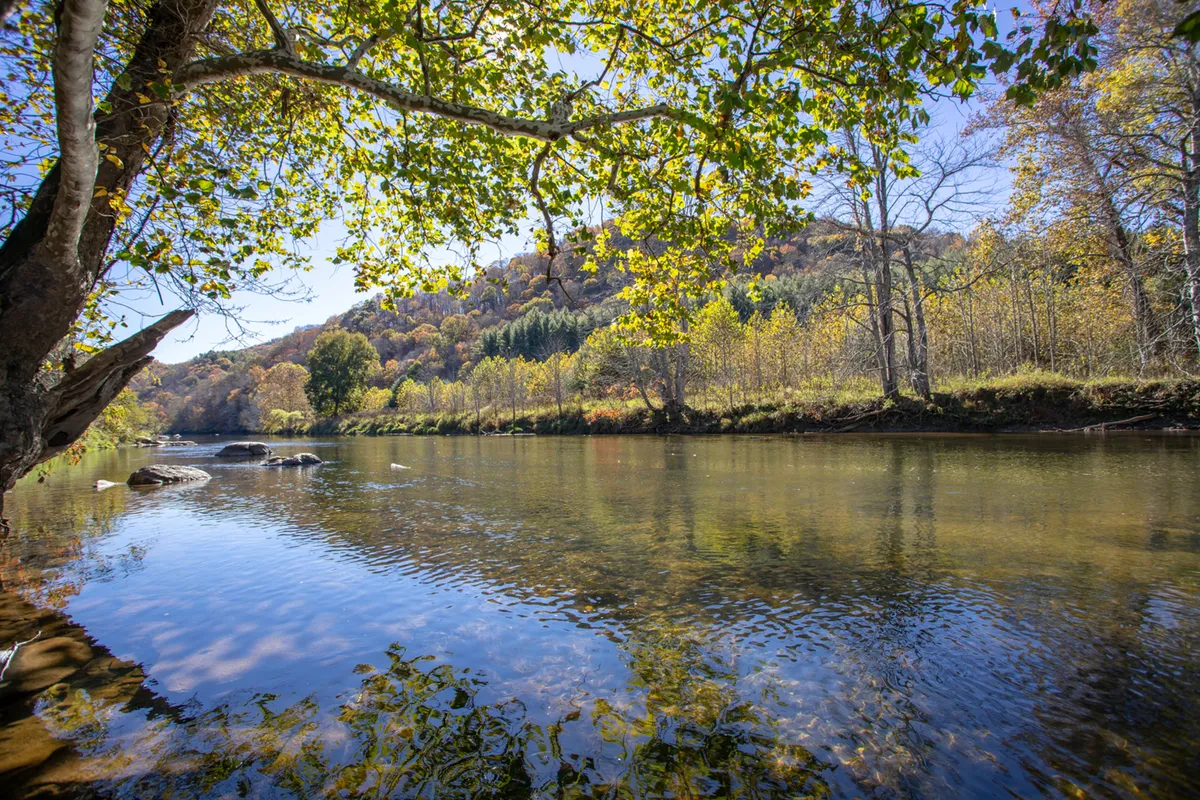 A tranquil river scene framed by overhanging tree branches, with distant hills softly lit in the background. The image evokes a sense of peacefulness and immersion in nature, suggesting opportunities for fishing, picnicking, hiking, or simply enjoying the sunset reflections on the water.